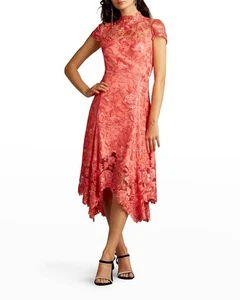 NWT TADASHI SHOJI $670 Aydar Floral Embroidered Mock Neck Handkerchief-Hem Dress - Picture 1 of 15