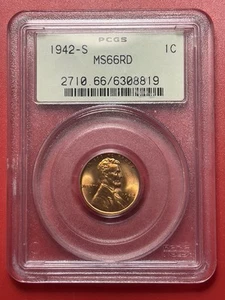 1942 S Lincoln Cent, Red, Premium Gem Uncirculated, PCGS Graded MS66 RED, OGH. - Picture 1 of 4
