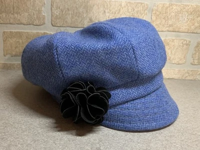 Mucros Weavers Newsboy Wool Hat Blue Herringbone Tweed Flower Ireland Boho - Image 1 of 4
