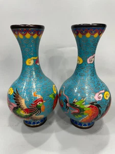 Collect China copper enamel cloisonne handmade painting Dragon Phoenix Sky vase - Picture 1 of 6