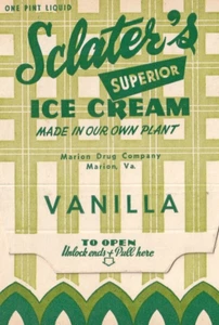 SCLATER'S SUPERIOR ICE CREAM BOX Unused 1 Pint Vanilla MARION VIRGINIA Vintage - Picture 1 of 3