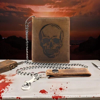 Biker Geldbörse m Kette RFID Schutz Hunterleder Portemonnaie Skull Totenkopf - Bild 1 von 4