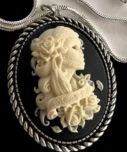 Forever Love Sugar Skull Lady Cameo Pendant Necklace, .935 Sterling Silver Chain - Picture 1 of 3