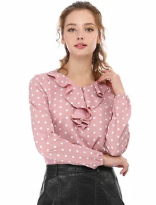 Allegra K Women Ruffle Neck Long Sleeve Polka Dots Blouse - Picture 1 of 6