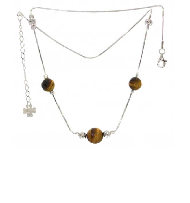 Collana 3 Perle Pietra Occhio Di Tigre Vera In Argento Massiccio 925/1000 Rodio - Immagine 1 di 1