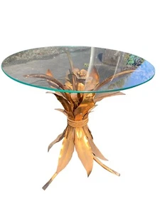 1960s Hollywood Regency Gold Wheat Sheaf Round Glass Top Flower Accent Table - Picture 1 of 5