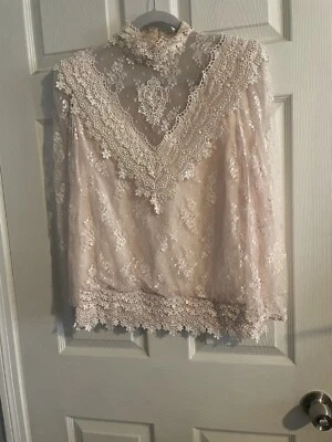 Vintage 1970s Floral Lace , Beaded Turtleneck Blouse -blush Pink - Imagem 1 de 4