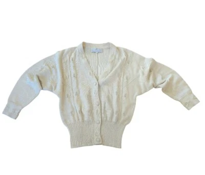 Peruvian Connection Cream Beige Tan Crochet Open Knit Retro Crop Short Sleeve M - Image 1 of 4