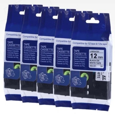 5x Non-OEM Black On White 12mm x 8m Label Tapes For Brother P-Touch TZ-231 - Image 1 of 4