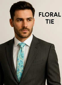 Aqua Teal Turquoise Pastel Blue Green Mens Wedding Tie Floral Silver Gift UK - Picture 1 of 5