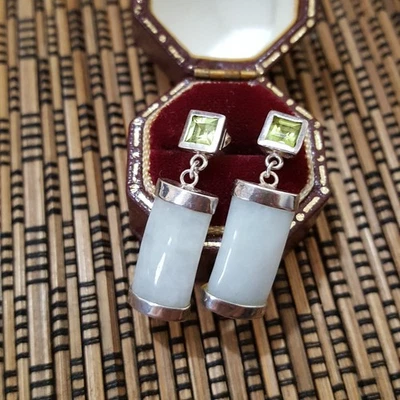 925 Sterling Silver Earrings, Genuine Green Jade And Peridot Rectangular Dangle  - image 1 of 4