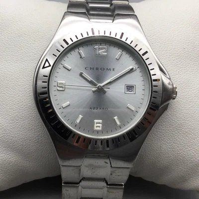 Relógio masculino Azzaro cromado 42mm tom prata data aço inoxidável nova bateria 8" - Imagem 1 de 4