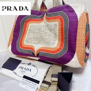 PRADA Canapa 2WAY Tote Bag Canvas Multicolor Large Handbag Shoulder USED 501B - Picture 1 of 14