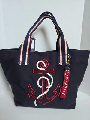 Tommy Hilfiger Canvas Nautical Tote plus TH Key Fob NWT Retail $118.00 - Image 1 of 4