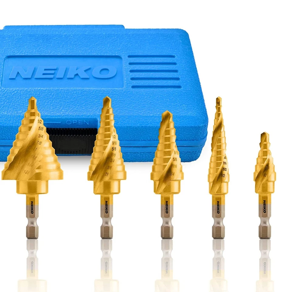 Neiko 10173a Quick Change SAE Spiral Grooved Step Drill Bit Set | 5-piece Set...