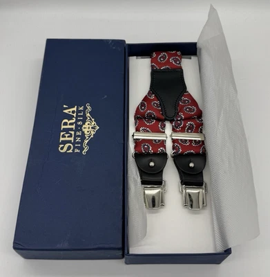 Suspensórios masculinos Sera de seda fina estampa paisley couro preto prata novo com etiquetas - Imagem 1 de 3