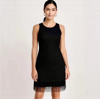 💥Lilly Pulitzer Murray 黑色羽毛花边串珠条纹鸡尾酒礼服 8 码🧡 — 第 1/4 张图片