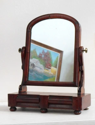 Antique 1870s Empire Mahogany TILT Shaving Mirror Vanity Formed 2 DRWER Tabletop - Image 1 of 4