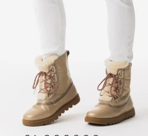 New Sorel JOAN OF ARCTIC NEXT LITE LUX BOOT size  6.5 Fungi Gold Leather Fur - Picture 1 of 9