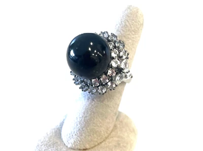 16MM BLACK SHELL PEARL RING W/4.02 CTS GEN WHITE TOPAZ 2 TONE STERLING SILVER - Image 1 of 4