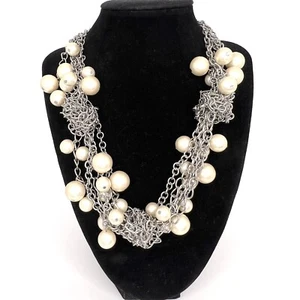 Vtg Silver Knot Multi Chain Faux Pearl Statement Necklace Edgy Chunky Jewelry - Picture 1 of 6
