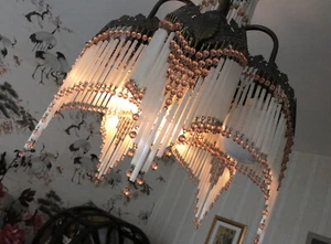 Bezaubernder Jugendstil Kronleuchter Lüster Perlen Glasstäben Messing - Bild 1 von 6