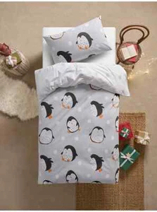 Grey PENGUINS size SINGLE reversible duvet cover set 100% brushed cotton bedding - Picture 1 of 4
