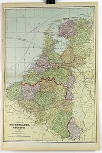 1890s Map of Netherlands and Belgium Full Color Lithography 14.25 x 21.75 - Picture 1 of 4