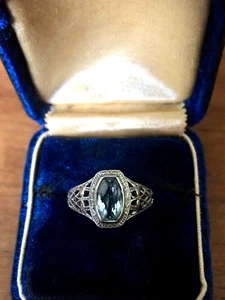 Antique Original 18k White Gold Aquamarine Art Deco Ring - Picture 1 of 6