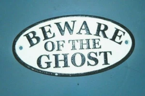 "CUIDADO CON EL FANTASMA"" Letrero de Halloween ovalado de hierro fundido casa embrujada" - Imagen 1 de 2