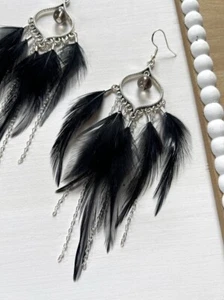 Black Feather Dangle Earrings with Silver Chains – Gothic Boho Statement Jewelry - Picture 1 of 10