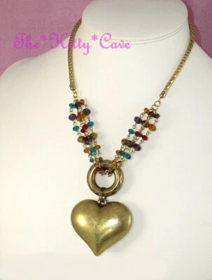 Vintage Lk Deco Chic Czech Rainbow Glass Beaded Bronze Gold Puffy Heart Necklace — 第 1/4 张图片