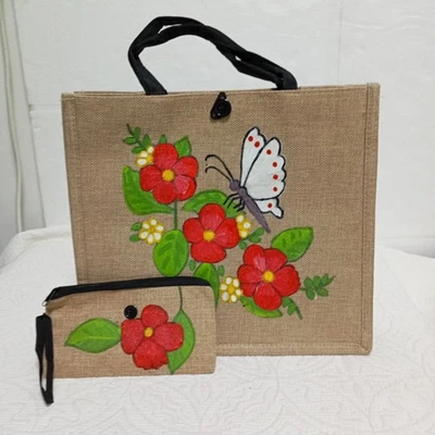 Bolsas Hechas a Mano Yute Artesanal-Tela Pintada a Mano Mariposa y Flores Regalo Nuevo  Foto 1 de 4