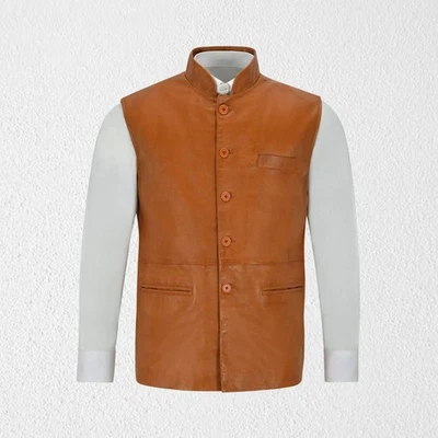 Go Bold Style: Men’s Tan Leather Vase Coat with Strong Vibe - Image 1 of 3