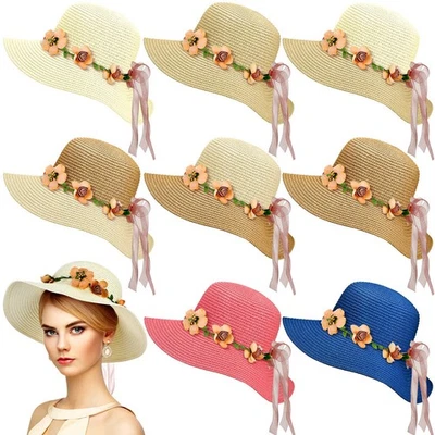 Sombrero de fiesta de té 8 piezas para mujer cinta de encaje de flores ala ancha elegante gorra de paja decoración Foto 1 de 4