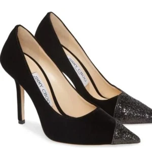 Zapatos de salón Jimmy Choo Love 100 de terciopelo con puntera brillante asimétricos negros talla EE. UU. 10 - Imagen 1 de 8