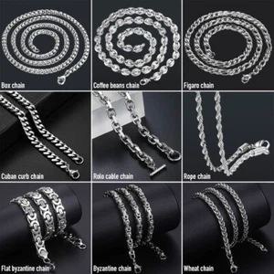 Silver Stainless Steel Link Chain Curb Byzantine Wheat Rope Box Necklace Unisex - Picture 1 of 29