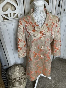 Banana Republic Silk Floral Trench Coat Button Coral Pink Metallic Sz Large - Picture 1 of 13