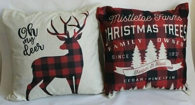 2 PCS SET Winter Throw Pillow COVERS 18 x 18 Christmas Deer Burlap FAST SHIP - Image 1 of 4