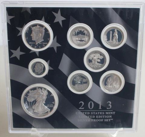2013 US Mint Limited Edition Silver Proof Set 8 Coins with Box COA and Sleeve Cover