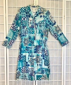 VTG DIANE GILMAN SILK SHIRT DRESS Sz M Sequins Aqua Blue Gold White, Drawstring - Picture 1 of 6
