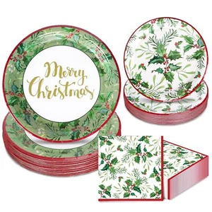 Merry Christmas Party Supplies Kit Serves 24 Holly Paper Plates and Napkins f... - Picture 1 of 7