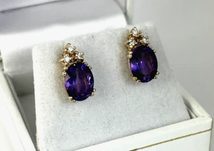 3.25 ctw Amethyst & Diamond Oval Stud Earrings 14k Gold - Picture 1 of 6