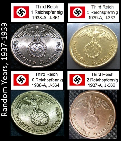 Nazi Bronze Coin Collection Set 1 2 5 10 Reichspfennig 1937-39 Third Reich Lot Cover