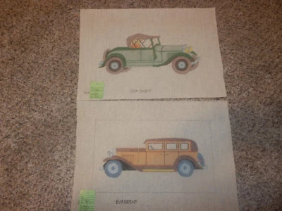 Handpainted Needlepoint Canvas Vintage Cars set of 2 Eva Brent NEW - Image 1 of 3