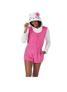 💖New! Junior Girls Hello Kitty Hoodie Romper Pajamas Fleece Pink & White | Lg - Picture 1 of 9