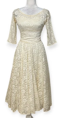 Vtg Lorrie Deb San Francisco Ivory Lace Fit & Flare Dress Size 10 1950s Style - Image 1 of 4