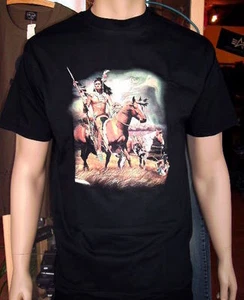 Indianer Western T- Shirt Größe S Schwarz Indianer auf Pferd mit Adler - Picture 1 of 1