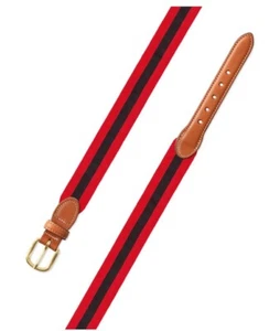 Barrons Hunter Leather Tab Belt USA Red & Black Grosgrain UGA Sz 32 Preppy GREAT - Picture 1 of 6