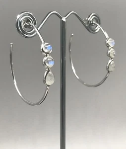 Rainbow moonstone hoop earrings, solid Sterling Silver 40mm hoop Pear Gift box. - Picture 1 of 10
